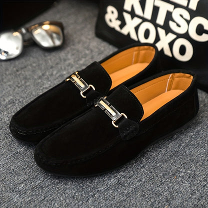 Men'S Slip-On Loafers - Black Faux Casual Shoes with Golden-Tone Buckle Straps, Round Toe & Non-Slip Rubber Sole for All-Season Comfort, Party & Casual Attire, Party Footwear, Sleek Shoe Design, Durable Footwear