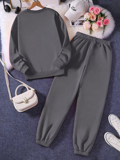 Targeted Autumn and Winter Fashion Print Two-Piece Set, Casual Long-Sleeve Fleece Pullover and Drawstring Jogger Pants Outfit for Women