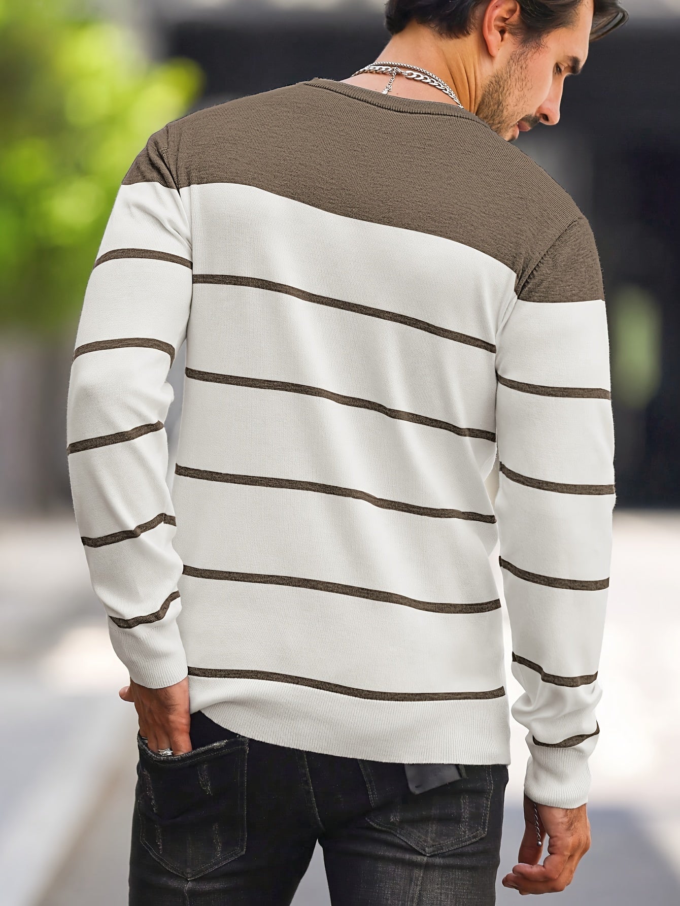 Men's Casual Striped Knit Pullover Sweater - Navy & White Contrast, Regular Fit H-Silhouette, Long Sleeve Crew Neck, Medium Stretch, Machine Washable for Spring & Fall, Mediumstretch Fabric