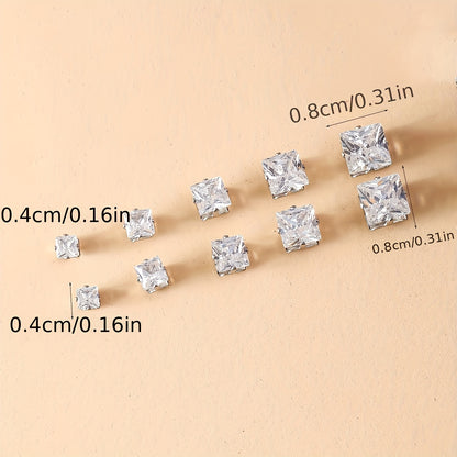 12-Pair Set Elegant Square Cubic Zirconia Stud Earrings for Men, Fashion Simple Iron Non-Plated Stainless Steel Post Ear Studs, Hypoallergenic Casual Daily Jewelry Gift