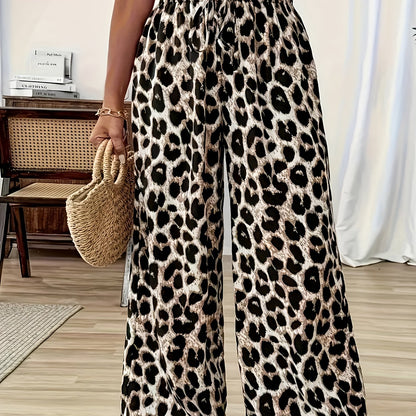 Plus Size, Plus Size Leopard Print French Drawstring Straight Leg Pants