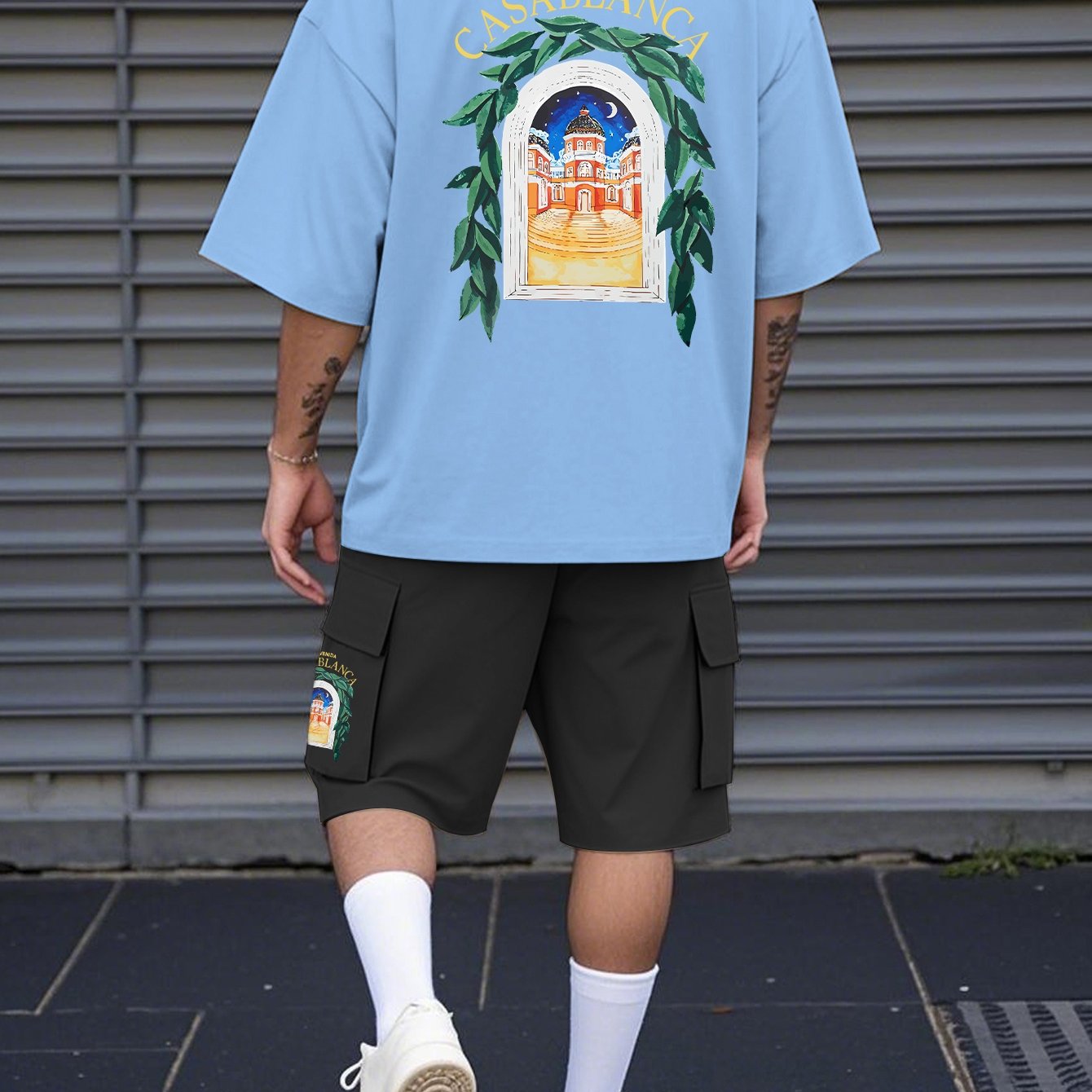 New Loose-Fitting Breathable Men'S Round Neck Short-Sleeved T-Shirt And Workwear Style Multi-Pocket Shorts Set Summer Leisure Sports Two-Piece Suit, Fashionable Sports Casual Versatile Tops And Pants for Men And Women