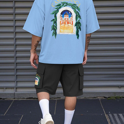 New Loose-Fitting Breathable Men'S Round Neck Short-Sleeved T-Shirt And Workwear Style Multi-Pocket Shorts Set Summer Leisure Sports Two-Piece Suit, Fashionable Sports Casual Versatile Tops And Pants for Men And Women