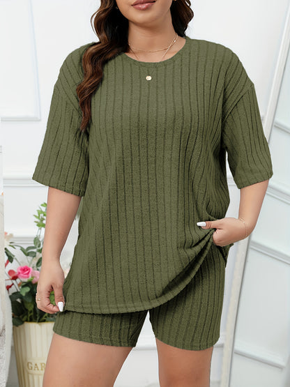 Women's Casual Lounge Set, Plus Size Solid Ribbed Short Sleeve Round Neck Top & Shorts Pajamas 2 Piece Set