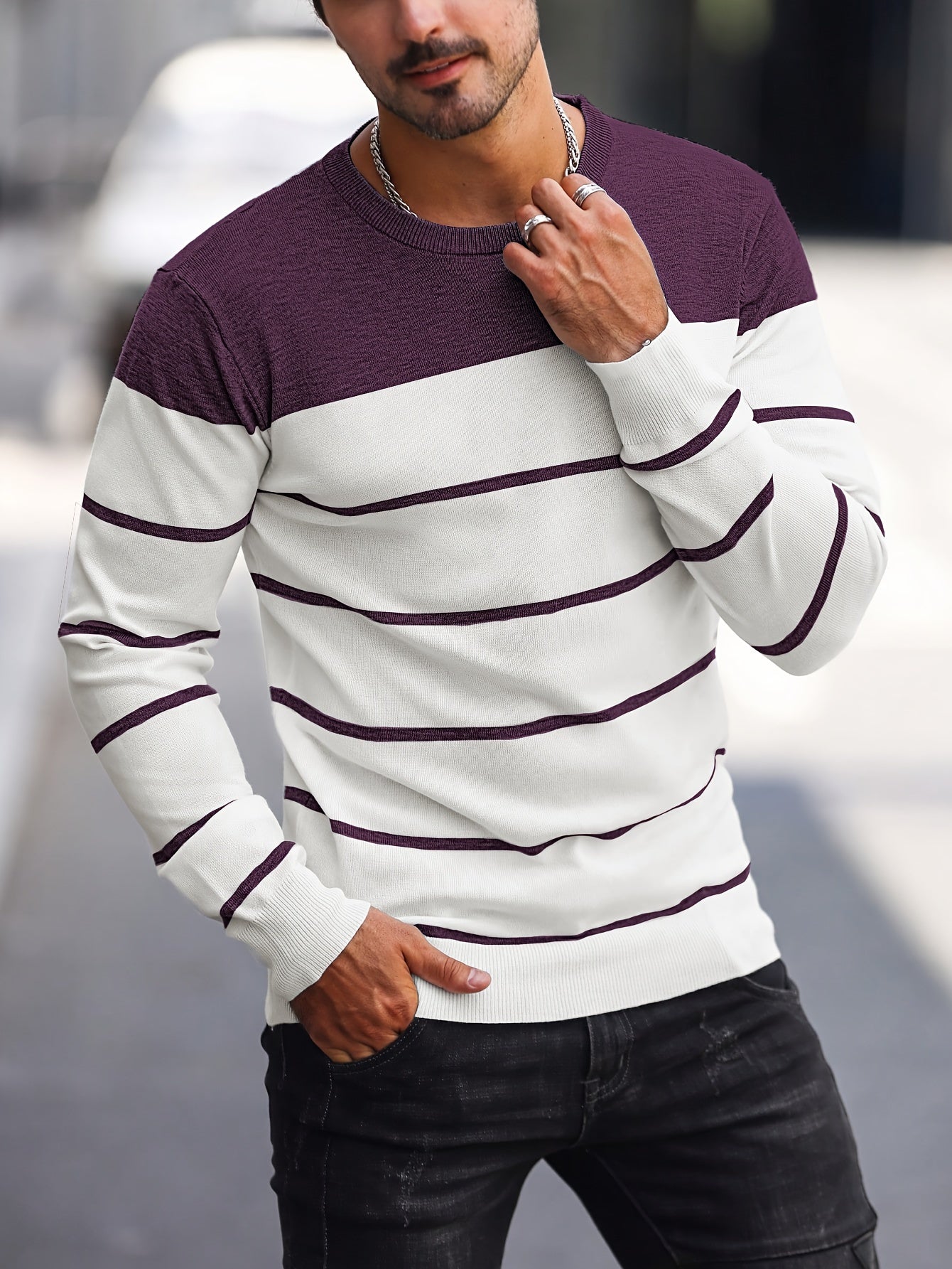 Men's Casual Striped Knit Pullover Sweater - Navy & White Contrast, Regular Fit H-Silhouette, Long Sleeve Crew Neck, Medium Stretch, Machine Washable for Spring & Fall, Mediumstretch Fabric