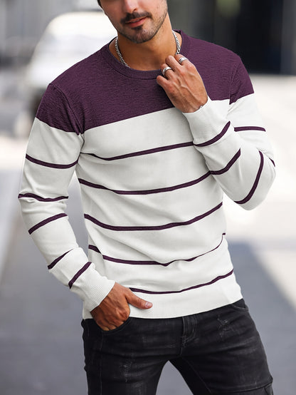 Men's Casual Striped Knit Pullover Sweater - Navy & White Contrast, Regular Fit H-Silhouette, Long Sleeve Crew Neck, Medium Stretch, Machine Washable for Spring & Fall, Mediumstretch Fabric