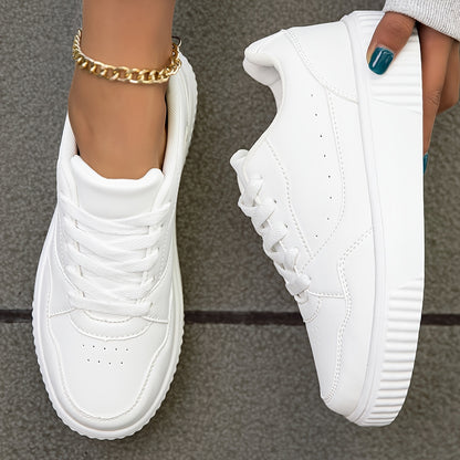 Women's White Low-Top Casual Sneakers - Lightweight Comfortable Lace-Up Shoes with Synthetic Cover Upper, EVA Cushioned Sole & Breathable Fabric Lining for All-Season Versatile Wear, Shoe Laces for Sneakers, Minimalist Design