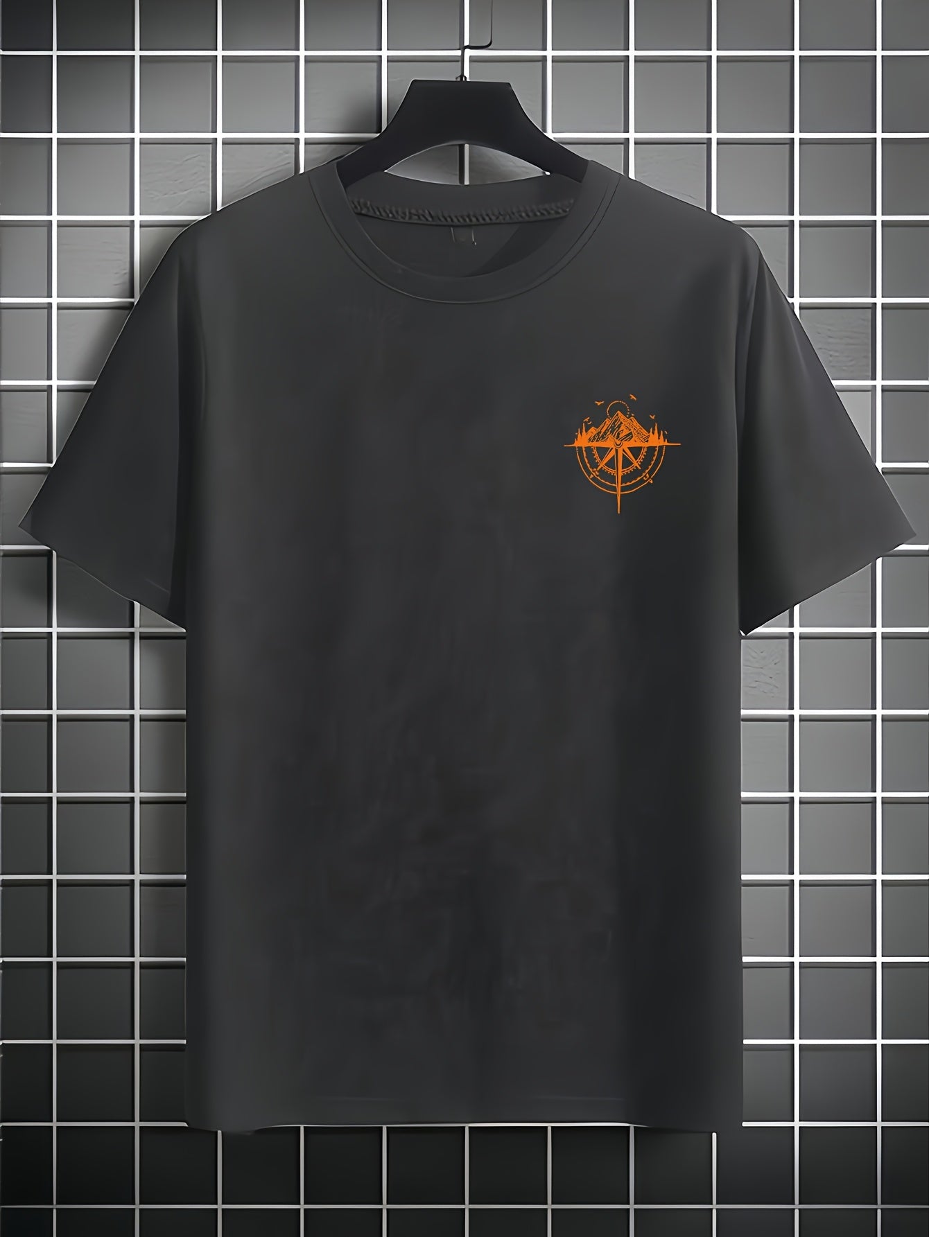Men's Short Sleeve T-Shirt 100% Polyester Loose Fit Casual Round Neck Navy Blue with Golden Compass Rose Mountain Print - Summer Outdoor Adventure Graphic Tee, Modern Casual Top | Easy Care Clothing