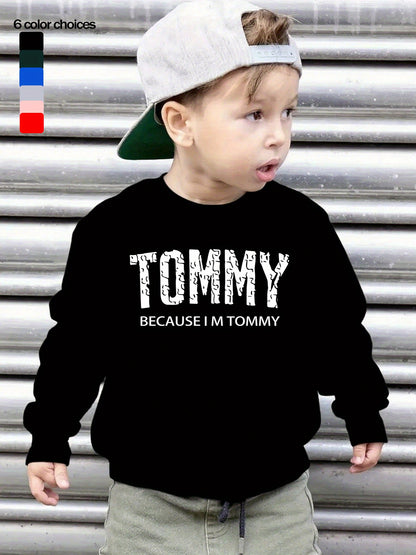 Boys' Casual Fleece-Lined Long Sleeve Sweatshirt with "TOMMY" Letter Print - Cozy Loose Fit Round Neck Pullover for Fall/Winter Outdoor Activities, 3+ Years Old, 6 Color Options, Sweater for Boy, Kids Winter Wear, Playful Kid