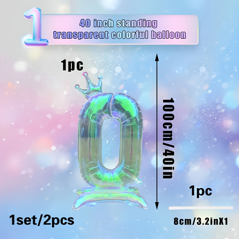 2pcs, 1pc 101.6cm transparent large digital balloon with crown and base + 1 straw, aluminum foil material, suitable for birthday party decoration, photo props, anniversary celebrations, Valentine's Day, New Year celebrations,