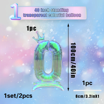 2pcs, 1pc 101.6cm transparent large digital balloon with crown and base + 1 straw, aluminum foil material, suitable for birthday party decoration, photo props, anniversary celebrations, Valentine's Day, New Year celebrations,