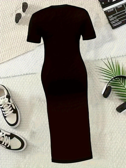 Women's Elegant Beach Limited Edition Geometric Print Slit Dress - Stretchy Short Sleeve Round Neck Long Bodycon Maxi Dress with Side Slit for Spring Summer Fall Casual Outings & Beach Vacations, Comfortable Beachwear, Smooth