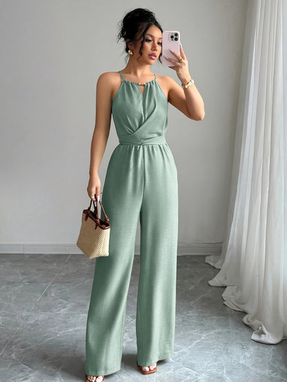 Women'S Elegant Off-Shoulder Twist Front Jumpsuit - Beige Wide-Leg Jumpsuit with Adjustable Waist Tie, Perfect for Spring & Summer Casual or Dressy Outfits, Casual Chic Wear | Offshoulder Fashion | Polyester Fabric