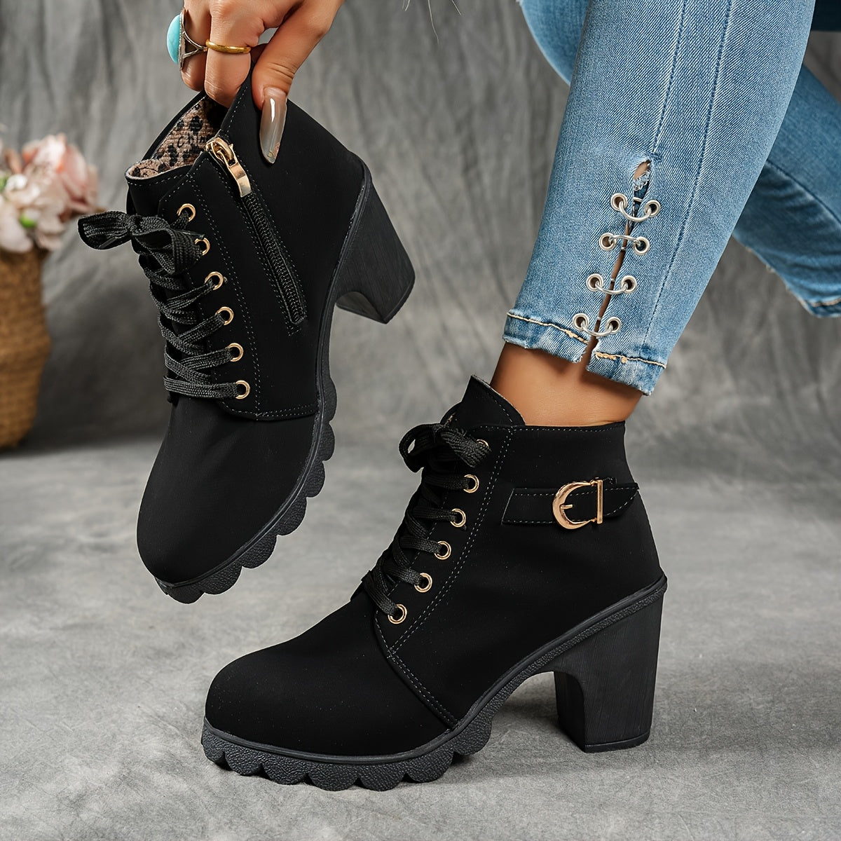 MagiMoBo Women'S Mid-Heel Ankle Boots with Side Zipper - Comfortable Faux Cover, Decorative Buckle Design, All-Season Versatile Casual Shoes for Casual Attire, Chunky Heel, Versatile Ankle Boots | Decorative Buckle Boots | Sy