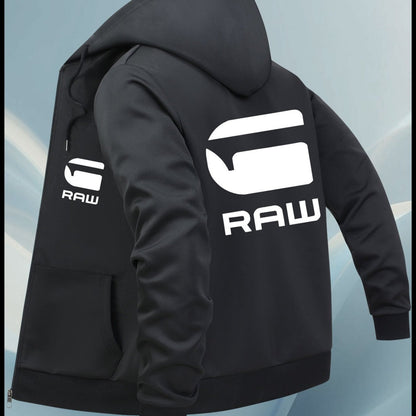 Men'S Casual Hooded Jacket with "RAW" Graphic Print - Light Gray Zip-Up Coat, Polyester Lining, Regular Fit, Front Pockets, Casual Outerwear | Trendy Casual Jacket | Polyester Lined Interior