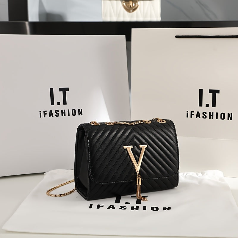 Women's Synthetic Leather Interlocking Link Crossbody Handbag & Wallet-like Detachable Strap - Golden-Tone Hardware, Closure, Golden-Tone Chain Strap, Golden-Tone Logo Accent - Elegant Synthetic Leather Purse with Closure, Wi