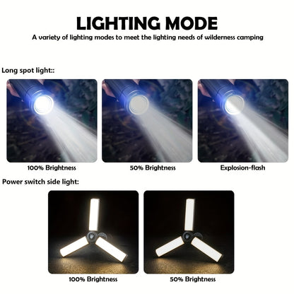 2-in-1 LED Camping Light with High Brightness Flashlight - 4 Extendable Rods, 270° Adjustable Beam, Hook Design, Removable Shade Cover, Dual Use for Switch Mode, USB Rechargeable Camping Light Holder Base, Ideal for Outdoor