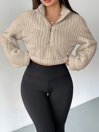 Women's Elegant Off-Shoulder Half-Zip Fleece Sweatshirt - Cozy Warm Crop Top with Ribbed Detail, Long Sleeves for Fall & Winter, Beige
