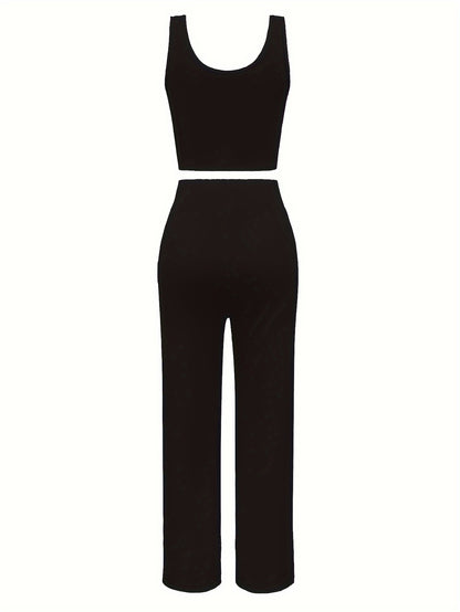 Chic Letter Print Casual Outfit for Women - Sleeveless Crop Top & Drawstring Pants Set, Stretchy Polyester Blend, Machine Washable