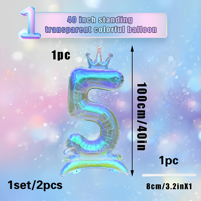 2pcs, 1pc 101.6cm transparent large digital balloon with crown and base + 1 straw, aluminum foil material, suitable for birthday party decoration, photo props, anniversary celebrations, Valentine's Day, New Year celebrations,