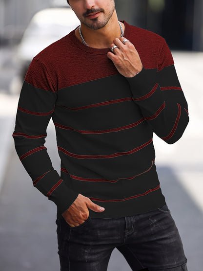 Men's Casual Striped Knit Pullover Sweater - Navy & White Contrast, Regular Fit H-Silhouette, Long Sleeve Crew Neck, Medium Stretch, Machine Washable for Spring & Fall, Mediumstretch Fabric