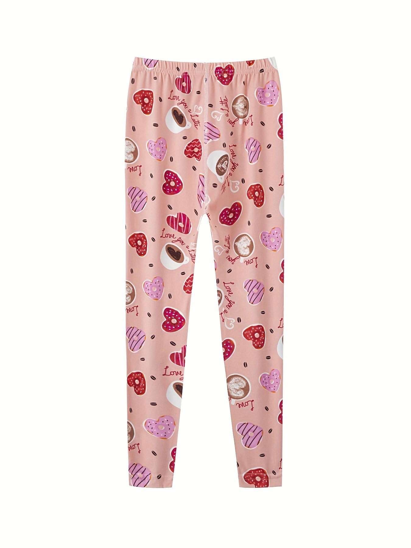 1pc Stretchy & Slim Girls' Pink Heart Donut Pattern Leggings - Soft Polyester/Elastane Blend, Non-See-Through, Perfect for Spring/Summer/Fall Outdoor Activities & Sister Bonding Time