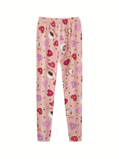 1pc Stretchy & Slim Girls' Pink Heart Donut Pattern Leggings - Soft Polyester/Elastane Blend, Non-See-Through, Perfect for Spring/Summer/Fall Outdoor Activities & Sister Bonding Time