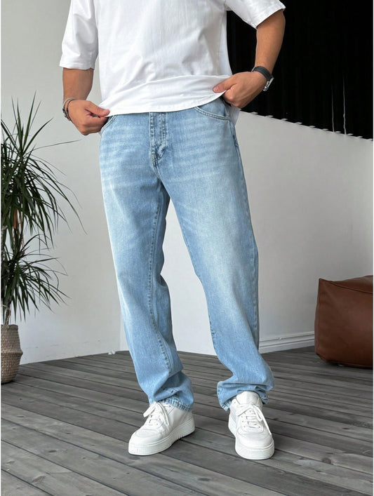 Men'S Slim Fit Straight-Leg Casual Washed Jeans - Minimalist Denim Long Pants, Medium Stretch, All-Season Comfort, Solid Color Design, Versatile for Casual Attire, Allseason Jeans | Minimalist Style | Stretch Denim Fabric
