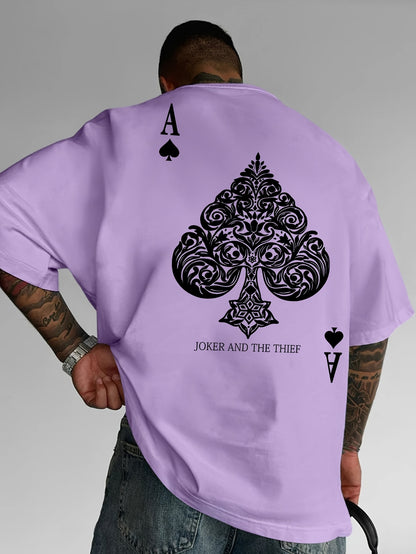 Men's Pink Street Style Graphic T-Shirt - Joker and the Thief Design, Loose Fit, Round Neck, Short Sleeve, Geometric Pattern, Machine Washable, Summer Casual Wear for Adults