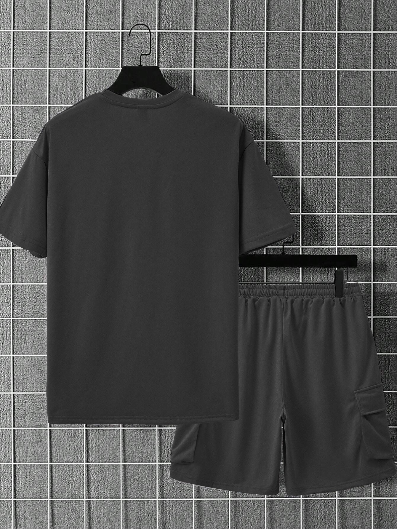 New Loose Fit Breathable Men's Crew Neck Short Sleeve T-Shirt and Workwear Style Multi-Pocket Shorts Set, Summer Casual Sportswear Two-Piece Outfit, Stylish Versatile Top and Pants for Both Men and Women