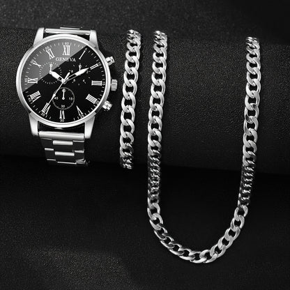 3pcs Men'S Fashion Casual Roman Numeral Quartz Watch with Necklace and Bracelet Set, Suitable for Father'S Day, Teacher'S Day, Thanksgiving, Students, Graduation, Birthday, Best Gift