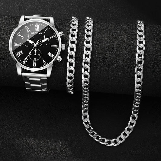 3pcs Men'S Fashion Casual Roman Numeral Quartz Watch with Necklace and Bracelet Set, Suitable for Father'S Day, Teacher'S Day, Thanksgiving, Students, Graduation, Birthday, Best Gift