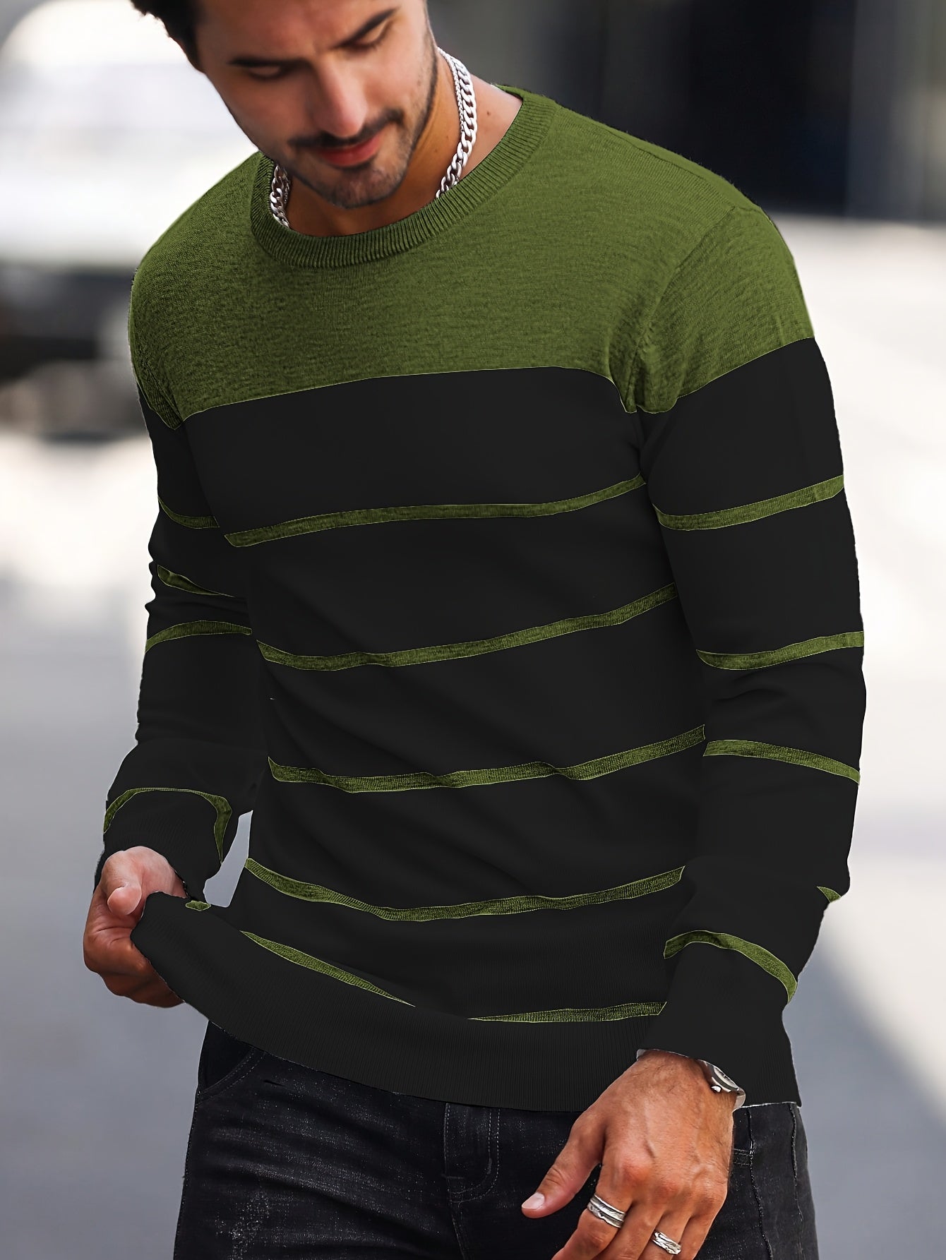 Men's Casual Striped Knit Pullover Sweater - Navy & White Contrast, Regular Fit H-Silhouette, Long Sleeve Crew Neck, Medium Stretch, Machine Washable for Spring & Fall, Mediumstretch Fabric