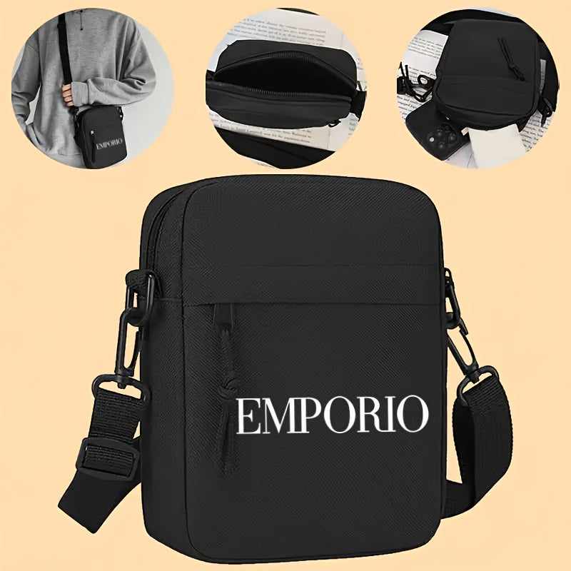 Men'S Crossbody Bag with "EMPORIO" Letter Print - Minimalist Oxford Fabric Tote, Adjustable Strap, Zipper Closure - Essential for Travel, Work, and Casual Outfits - Black, Stylish Design