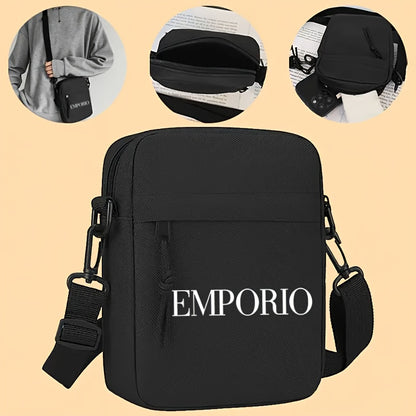 Men'S Crossbody Bag with "EMPORIO" Letter Print - Minimalist Oxford Fabric Tote, Adjustable Strap, Zipper Closure - Essential for Travel, Work, and Casual Outfits - Black, Stylish Design