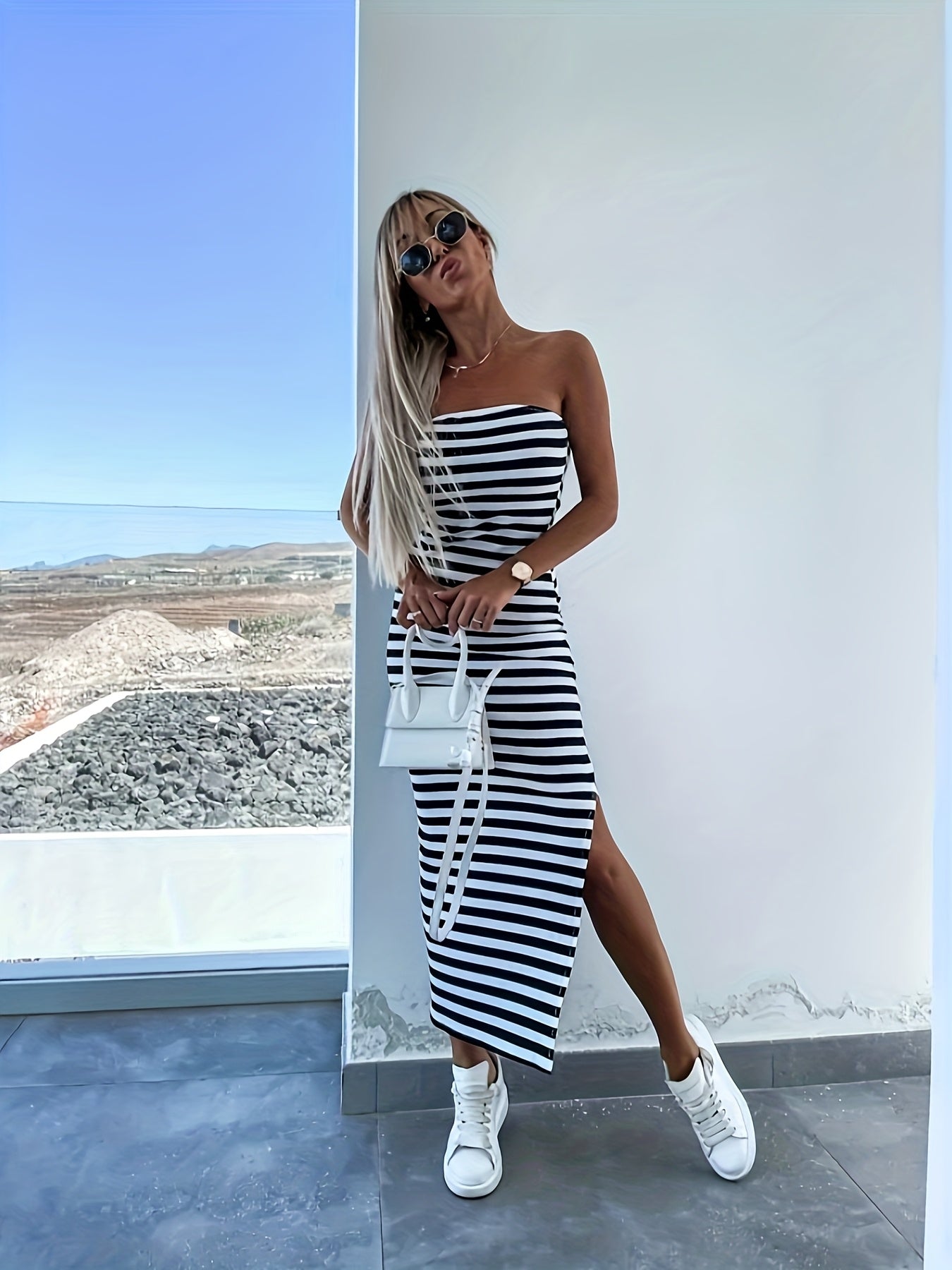 Women's Black & White Striped Strapless Bodycon Dress with Side Slit - Stretchy Midi Dress for Parties, Vacations & Casual Outings - Machine Washable Elegant Partywear, Medium Elasticity