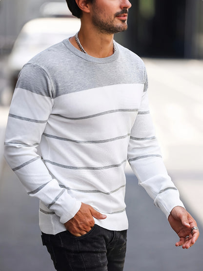 Men's Casual Striped Knit Pullover Sweater - Navy & White Contrast, Regular Fit H-Silhouette, Long Sleeve Crew Neck, Medium Stretch, Machine Washable for Spring & Fall, Mediumstretch Fabric