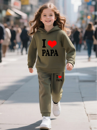 Fashionable Autumn And Winter Casual Sports Style for And "I Love Dad" Cartoon Popular Print Pattern Long-Sleeved Plus Velvet Warm Hooded Sweatshirt + Sweatpants Two-Piece Set, for Outdoor