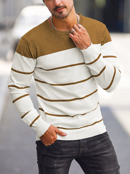Men's Casual Striped Knit Pullover Sweater - Navy & White Contrast, Regular Fit H-Silhouette, Long Sleeve Crew Neck, Medium Stretch, Machine Washable for Spring & Fall, Mediumstretch Fabric