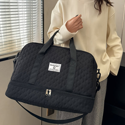 Casual Style Nylon Travel Duffel Bag, Large Capacity, Solid Color, Zipper Closure, Handheld or Shoulder Carry, with Black and Beige Options, for Outing and Weekend Trip
