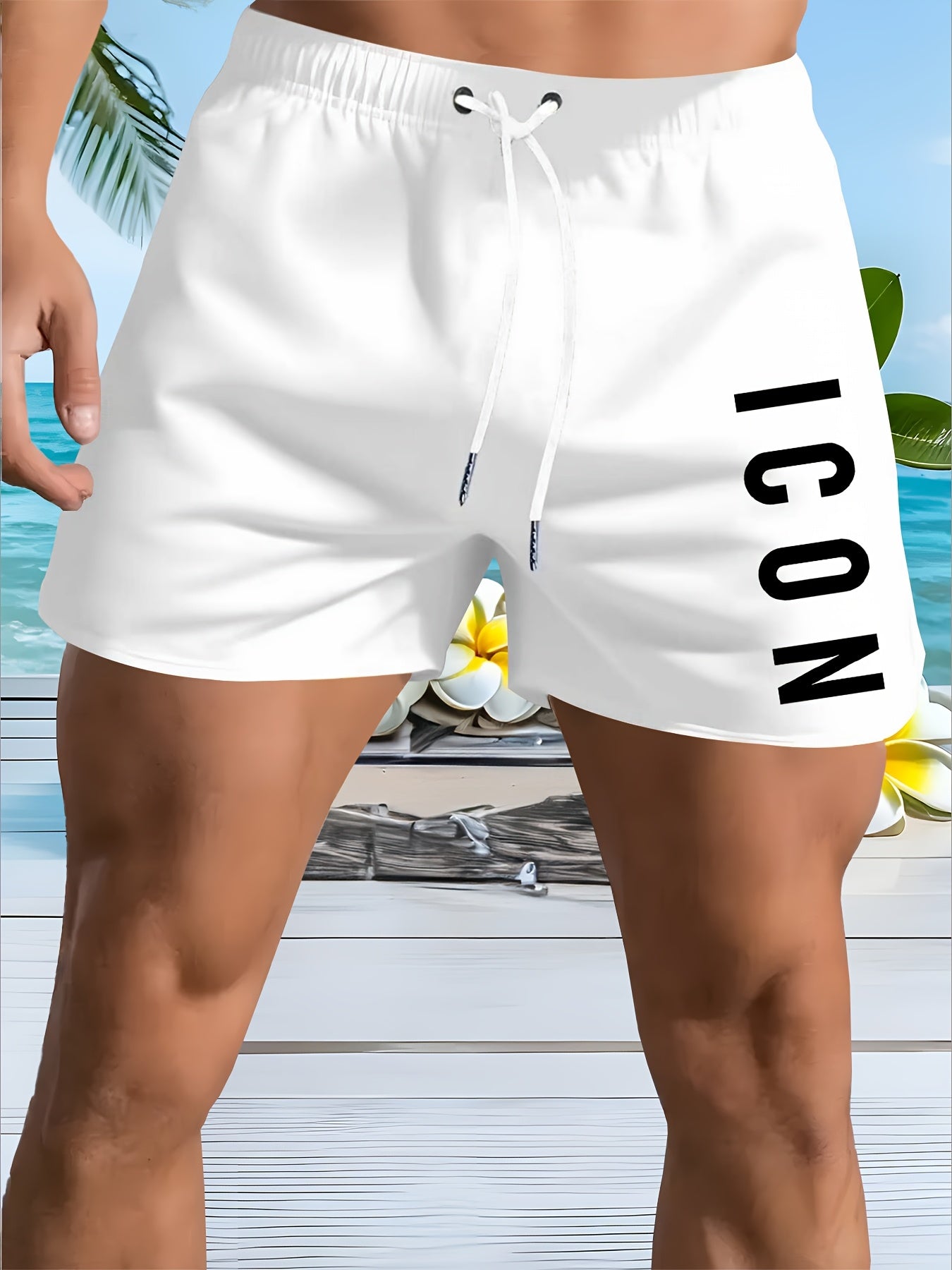 Men'S Quick-Dry Beach Shorts - Breathable, Sun-Protective Lightweight Running & Hiking Shorts with "ICON" Geometric Print, Elastic Waistband, Side Pockets, Casual Outdoor Activewear, Beach Shorts