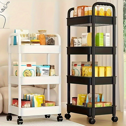 4/3/5-Tier Rolling Cosmetic Organizer - Durable Plastic Material, 360° Swivel Wheels, High Load Capacity for Bathroom, Bedroom, Kitchen & Home Organization | Black or White Options | Multifunctional Storage Cart with Side Ha