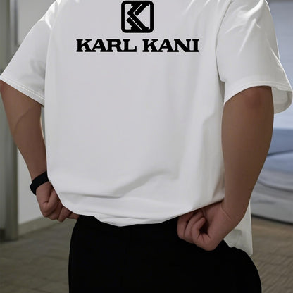 Men'S Casual Crew Neck T-Shirt with "KARL KANI" Graphic - Breathable, Moisture-Wicking, Short Sleeve, Regular Fit, Geometric Pattern, Ideal for Home & Outdoor Activities, All-Season Comfort, Outdoor Clothing | Relaxed Fit Shi