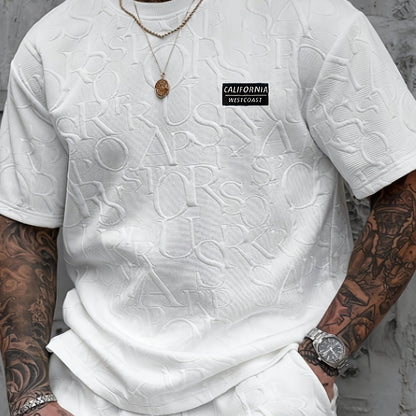 Men's Summer Casual Short Sleeve T-Shirt - Relaxed Fit Round Neck with Vertical Letter Print & Elastic Cuffs, Breathable Fabric for Daily Wear, Commuting & Outdoor Activities, Shirts for Summer