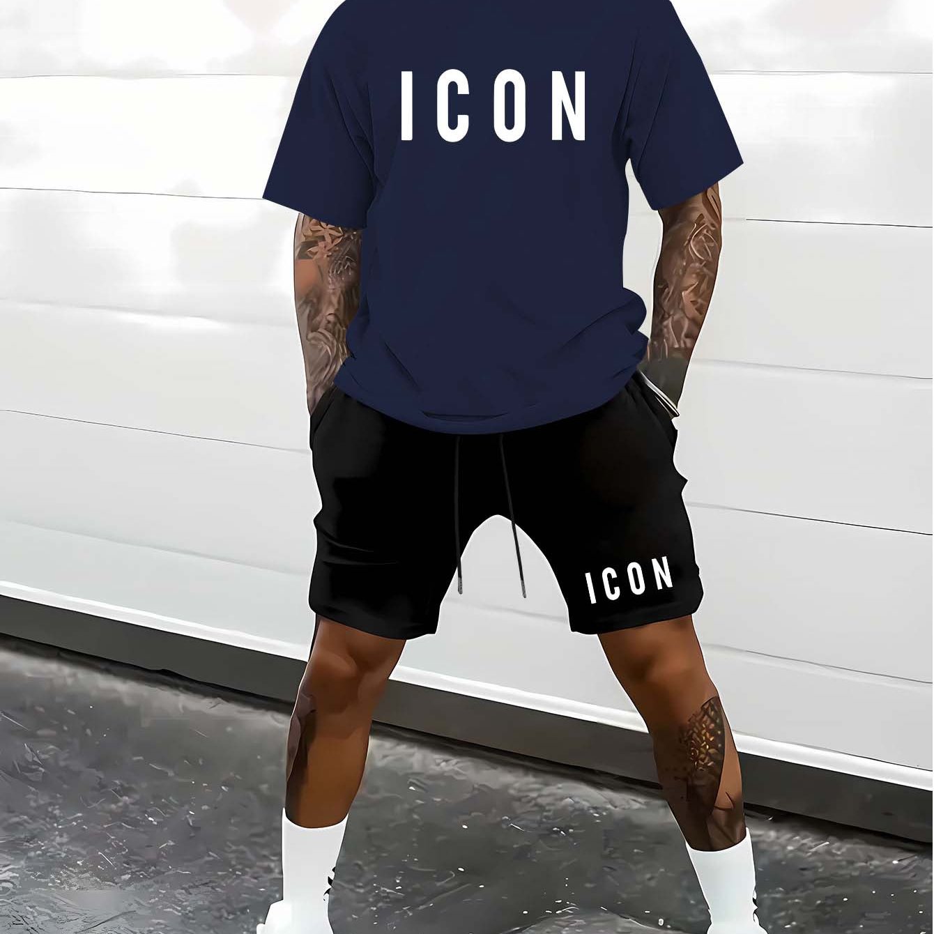 Men'S Casual Sporty Outdoor Two-Piece Set - Summer T-Shirt & Shorts with Bold "ICON" Print, Geometric Pattern, Regular Fit, Crew Neck, Light Blue & Black, Comfortable for Casual Attire, Leisure Clothing | Bold Print Shirt | C