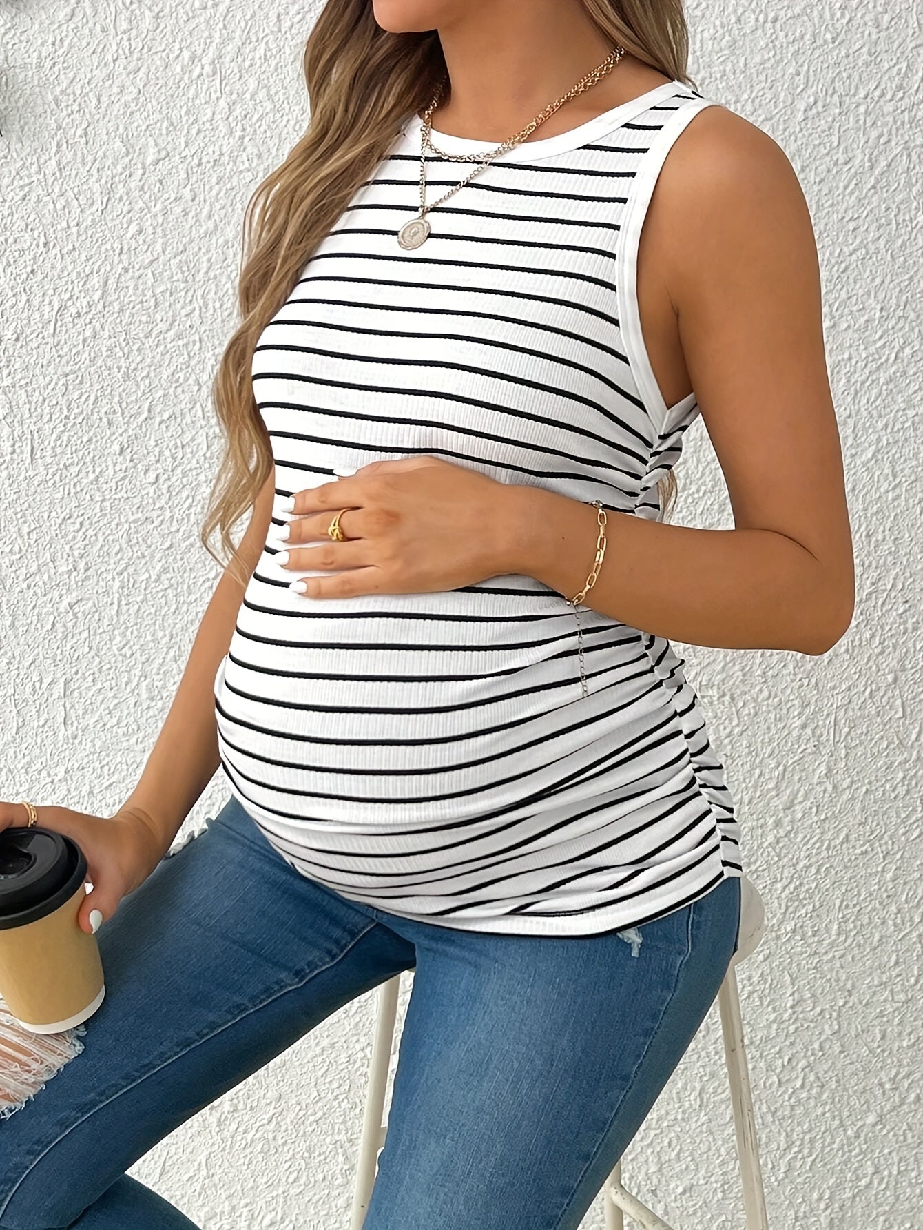 Striped Pleated Fitted Tank Top for Pregnant Women