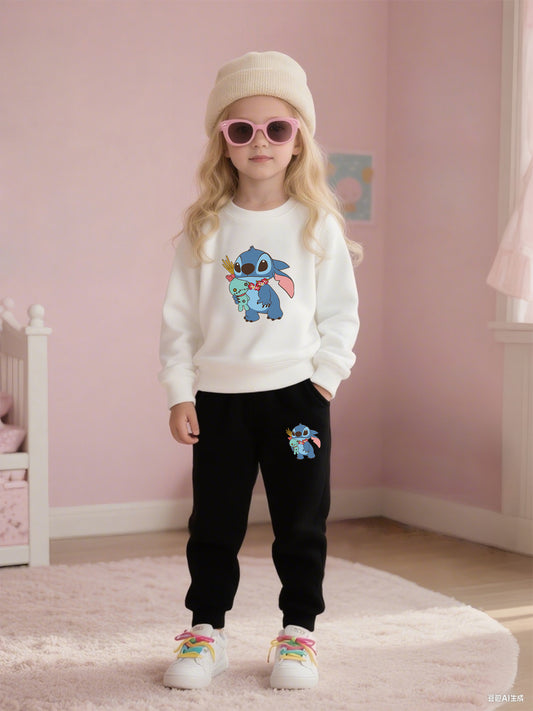 2pcs Disney Kids Casual Sweatshirt & Pants Set Stitch's Adorable Floral Adventure: A Heartwarming Cartoon Tale Long-Sleeve Crewneck, Children's clothing suitable for autumn and winter seasons, featuring cute cartoon patterns.