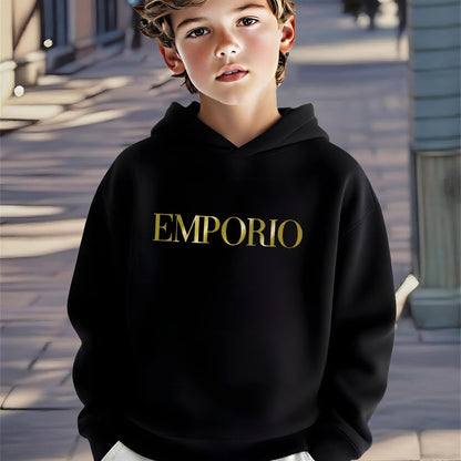 Boys' Cozy Soft Hoodie with "EMPORIO" Print - Navy Blue Casual Long Sleeve Pullover for Fall/Winter, Comfortable Outdoor Sportswear, Hoodie for Winter, Autumn Clothing, Stylish Pullover, Soft Fabric Hoodie