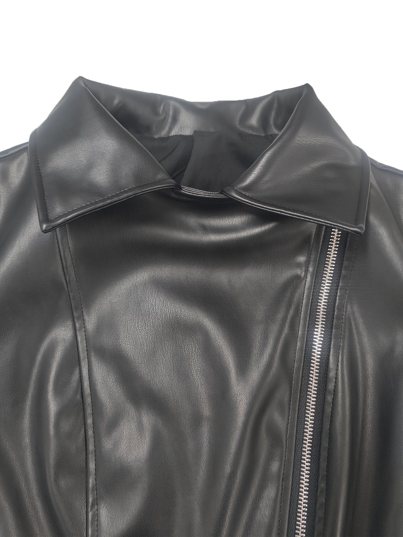 Women'S Stylish Black Faux Leather Motorcycle Jacket - Casual Zip-Up with Lapel Collar, Long Sleeves for Fall & Winter, Motorcycle Jacket