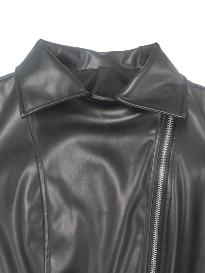Women'S Stylish Black Faux Leather Motorcycle Jacket - Casual Zip-Up with Lapel Collar, Long Sleeves for Fall & Winter, Motorcycle Jacket